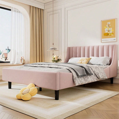 Polsterbett, 140 x 200cm, Bett mit Lattenrost (ohne Matratze), Samt, Minimalistisch, Rosa