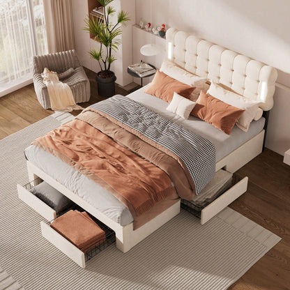 140*200cm Flachbett, gepolstertes Bett, Beleuchtung auf beiden Seiten des Bettes, vier Schubladen am Ende des Bettes, großer Stauraum, Farbe beige