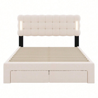 140*200cm Flachbett, gepolstertes Bett, Beleuchtung auf beiden Seiten des Bettes, vier Schubladen am Ende des Bettes, großer Stauraum, Farbe beige