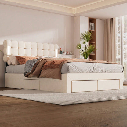140*200cm Flachbett, gepolstertes Bett, Beleuchtung auf beiden Seiten des Bettes, vier Schubladen am Ende des Bettes, großer Stauraum, Farbe beige