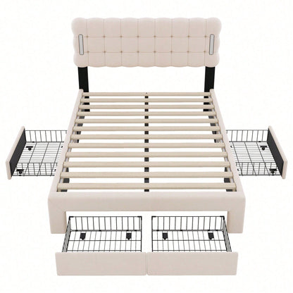 140*200cm Flachbett, gepolstertes Bett, Beleuchtung auf beiden Seiten des Bettes, vier Schubladen am Ende des Bettes, großer Stauraum, Farbe beige
