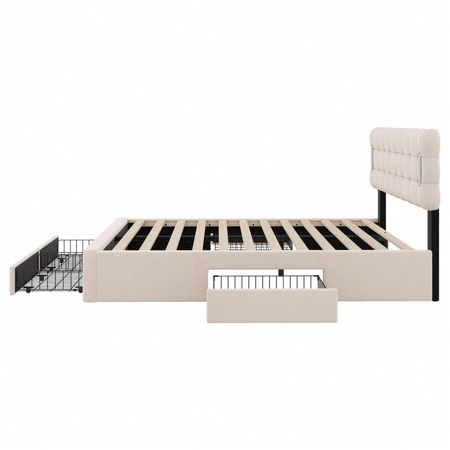 140*200cm Flachbett, gepolstertes Bett, Beleuchtung auf beiden Seiten des Bettes, vier Schubladen am Ende des Bettes, großer Stauraum, Farbe beige
