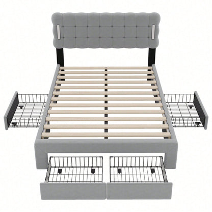 140*200cm Flachbett, gepolstertes Bett, Beleuchtung auf beiden Seiten des Bettes, vier Schubladen am Ende des Bettes, großer Stauraum, Farbe beige
