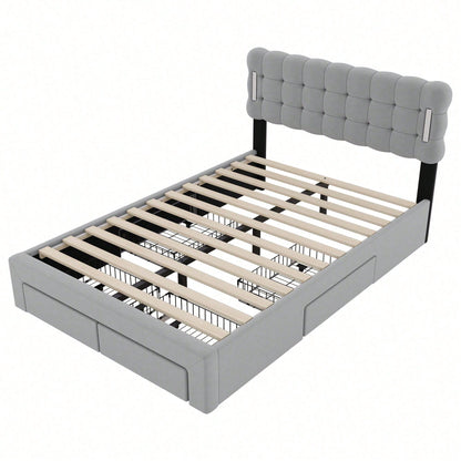 140*200cm Flachbett, gepolstertes Bett, Beleuchtung auf beiden Seiten des Bettes, vier Schubladen am Ende des Bettes, großer Stauraum, Farbe beige
