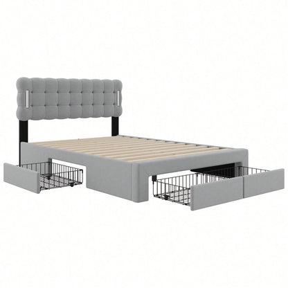 140*200cm Flachbett, gepolstertes Bett, Beleuchtung auf beiden Seiten des Bettes, vier Schubladen am Ende des Bettes, großer Stauraum, Farbe beige