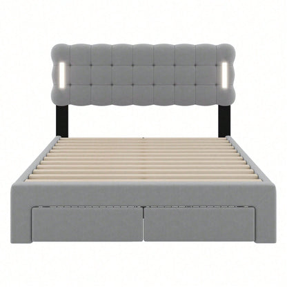 140*200cm Flachbett, gepolstertes Bett, Beleuchtung auf beiden Seiten des Bettes, vier Schubladen am Ende des Bettes, großer Stauraum, Farbe beige