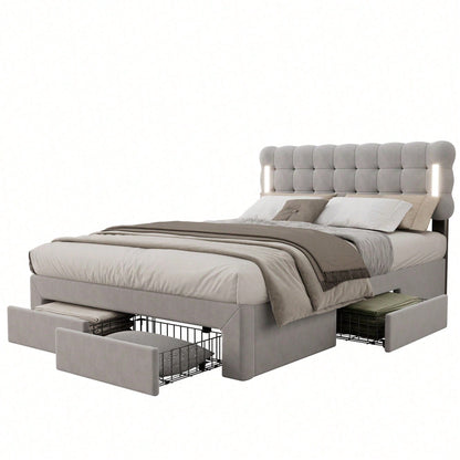 140*200cm Flachbett, gepolstertes Bett, Beleuchtung auf beiden Seiten des Bettes, vier Schubladen am Ende des Bettes, großer Stauraum, Farbe beige