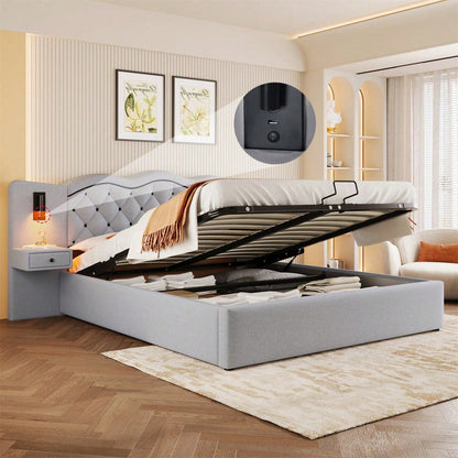 Polsterbett, 160*200cm ,Ohne Matratze,Gepolstertes Bett, Integriertes Kopfteil, Hydraulischer Hebemechanismus, USB-Anschluss, zwei Nachttischlampen, Großer Stauraum, Grau