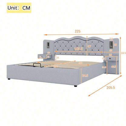 Polsterbett, 160*200cm ,Ohne Matratze,Gepolstertes Bett, Integriertes Kopfteil, Hydraulischer Hebemechanismus, USB-Anschluss, zwei Nachttischlampen, Großer Stauraum, Grau