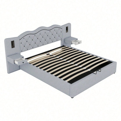 Polsterbett, 160*200cm ,Ohne Matratze,Gepolstertes Bett, Integriertes Kopfteil, Hydraulischer Hebemechanismus, USB-Anschluss, zwei Nachttischlampen, Großer Stauraum, Grau