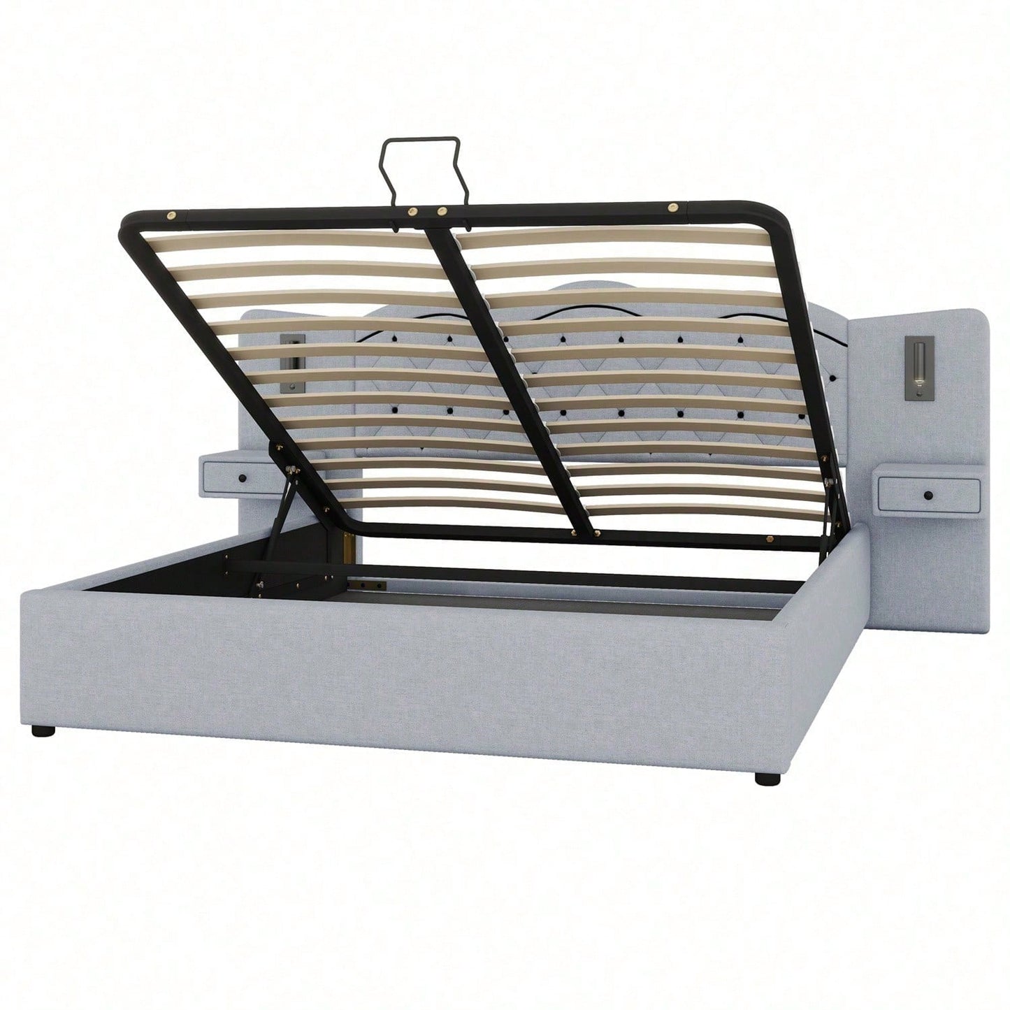 Polsterbett, 160*200cm ,Ohne Matratze,Gepolstertes Bett, Integriertes Kopfteil, Hydraulischer Hebemechanismus, USB-Anschluss, zwei Nachttischlampen, Großer Stauraum, Grau