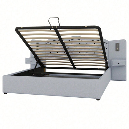 Polsterbett, 160*200cm ,Ohne Matratze,Gepolstertes Bett, Integriertes Kopfteil, Hydraulischer Hebemechanismus, USB-Anschluss, zwei Nachttischlampen, Großer Stauraum, Grau