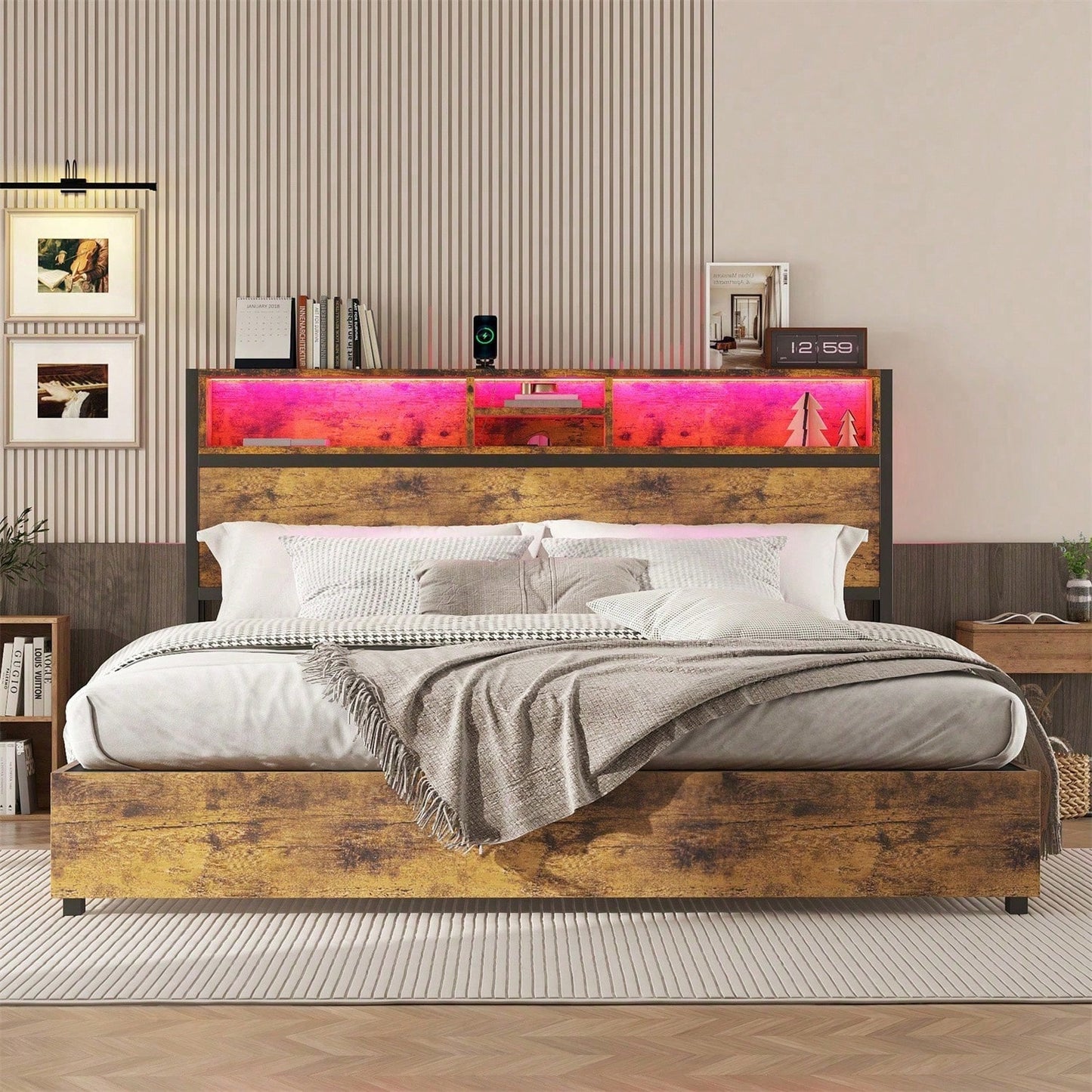180*200cm Flachbett, hydraulischer Hebemechanismus, farbwechselnde LED-Umgebungsbeleuchtung, 24-Tasten-Fernbedienung, großer Stauraum im Bettkasten, braun