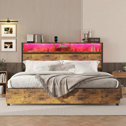 180*200cm Flachbett, hydraulischer Hebemechanismus, farbwechselnde LED-Umgebungsbeleuchtung, 24-Tasten-Fernbedienung, großer Stauraum im Bettkasten, braun