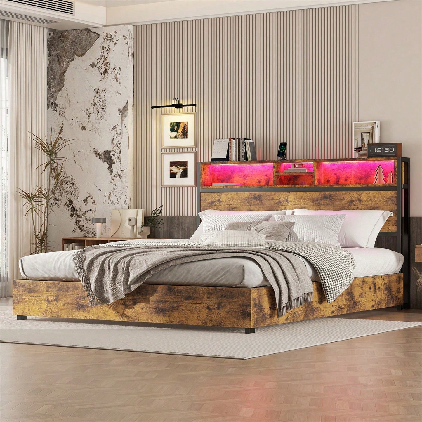 180*200cm Flachbett, hydraulischer Hebemechanismus, farbwechselnde LED-Umgebungsbeleuchtung, 24-Tasten-Fernbedienung, großer Stauraum im Bettkasten, braun