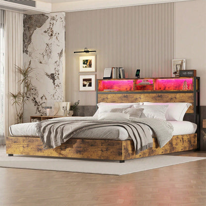 180*200cm Flachbett, hydraulischer Hebemechanismus, farbwechselnde LED-Umgebungsbeleuchtung, 24-Tasten-Fernbedienung, großer Stauraum im Bettkasten, braun