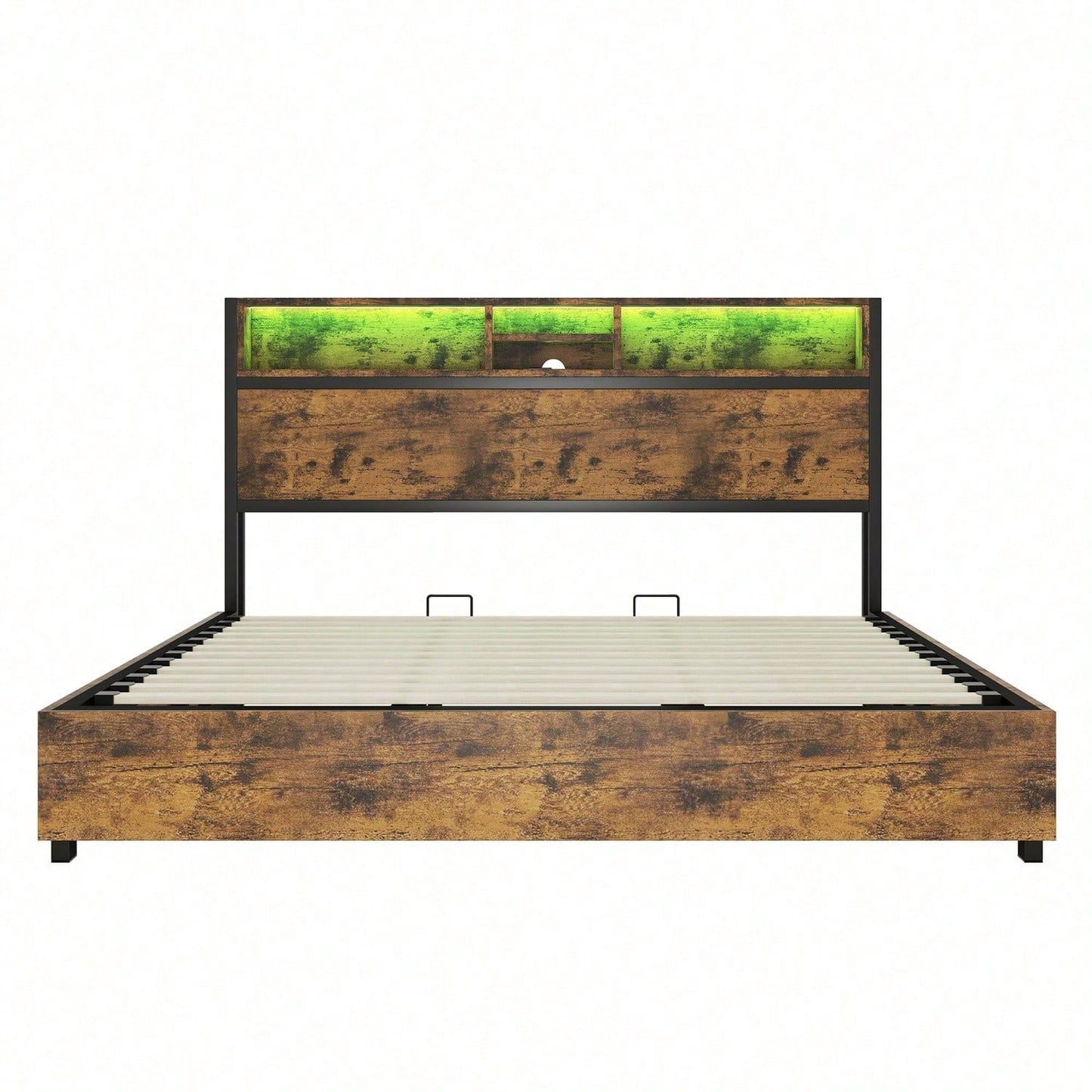 180*200cm Flachbett, hydraulischer Hebemechanismus, farbwechselnde LED-Umgebungsbeleuchtung, 24-Tasten-Fernbedienung, großer Stauraum im Bettkasten, braun