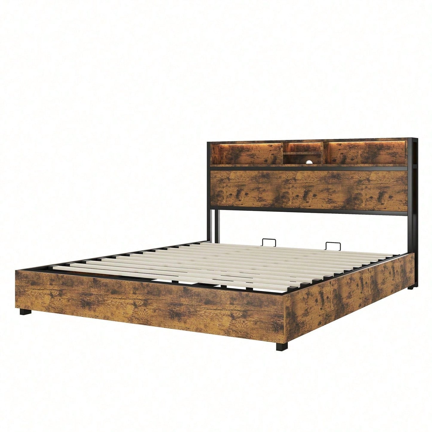 180*200cm Flachbett, hydraulischer Hebemechanismus, farbwechselnde LED-Umgebungsbeleuchtung, 24-Tasten-Fernbedienung, großer Stauraum im Bettkasten, braun