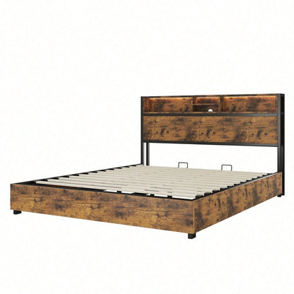 180*200cm Flachbett, hydraulischer Hebemechanismus, farbwechselnde LED-Umgebungsbeleuchtung, 24-Tasten-Fernbedienung, großer Stauraum im Bettkasten, braun