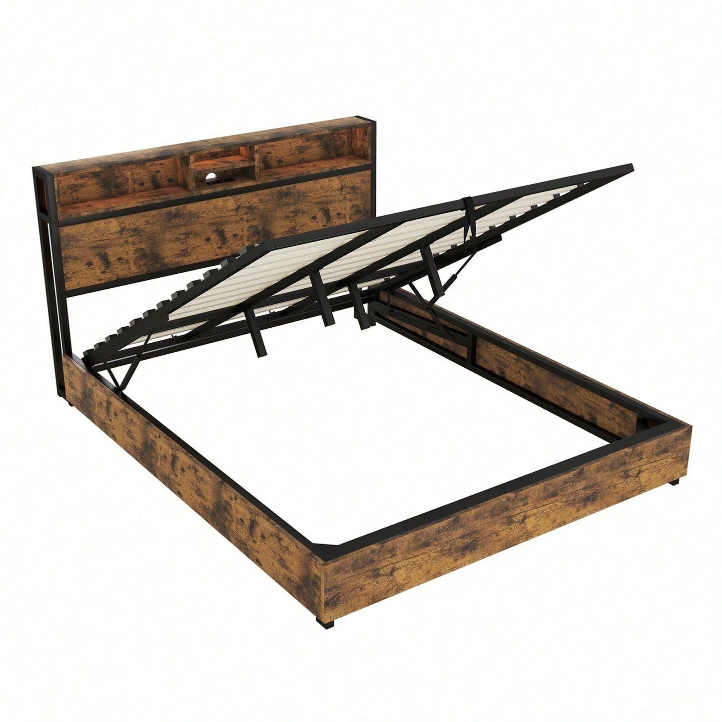 180*200cm Flachbett, hydraulischer Hebemechanismus, farbwechselnde LED-Umgebungsbeleuchtung, 24-Tasten-Fernbedienung, großer Stauraum im Bettkasten, braun