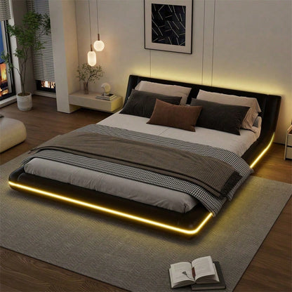 160*200cm Flachbett, Bodenbett, PU, LED-Umgebungslicht, 24-Tasten-Fernbedienung, Schwarz