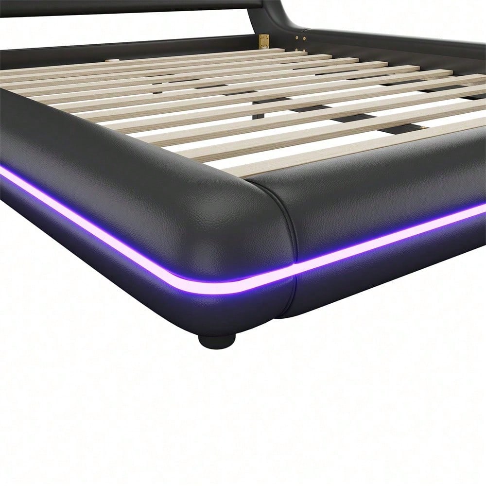 160*200cm Flachbett, Bodenbett, PU, LED-Umgebungslicht, 24-Tasten-Fernbedienung, Schwarz