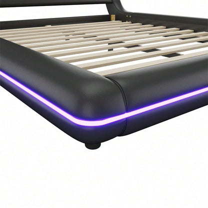 160*200cm Flachbett, Bodenbett, PU, LED-Umgebungslicht, 24-Tasten-Fernbedienung, Schwarz