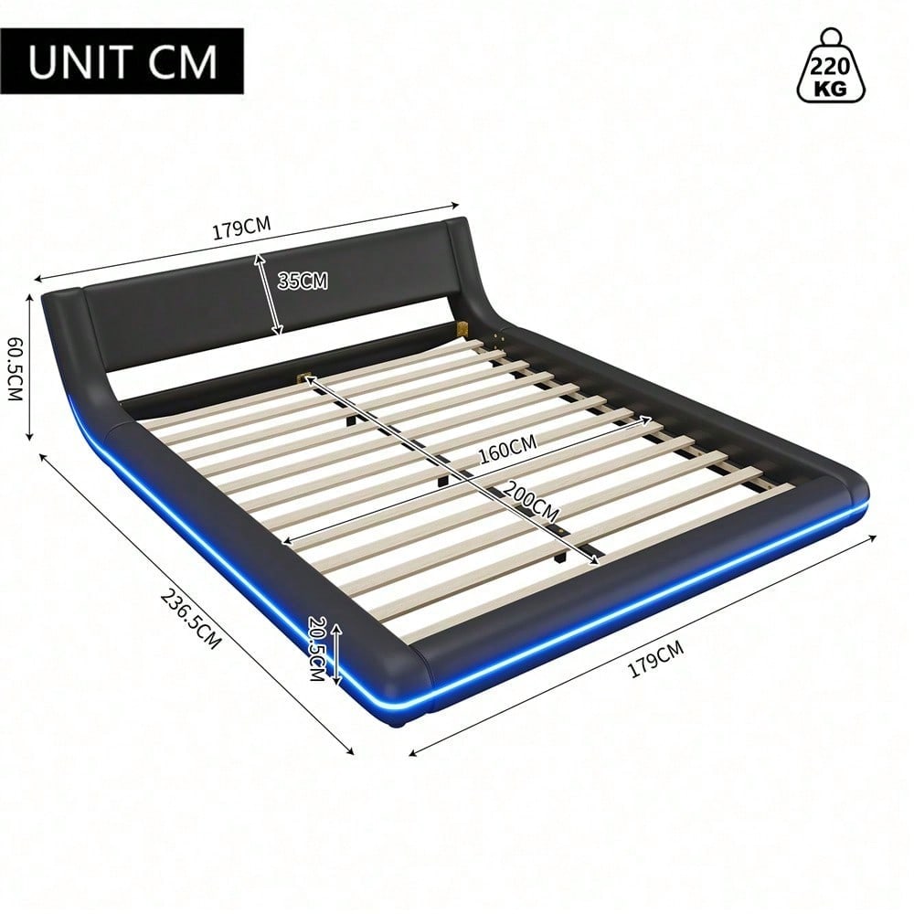 160*200cm Flachbett, Bodenbett, PU, LED-Umgebungslicht, 24-Tasten-Fernbedienung, Schwarz