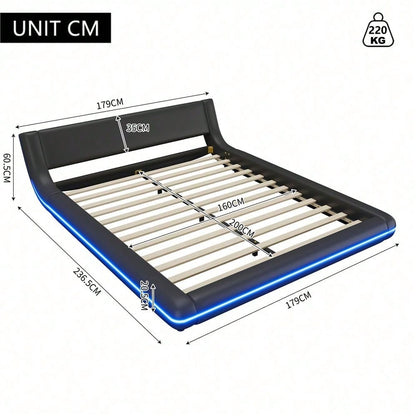 160*200cm Flachbett, Bodenbett, PU, LED-Umgebungslicht, 24-Tasten-Fernbedienung, Schwarz