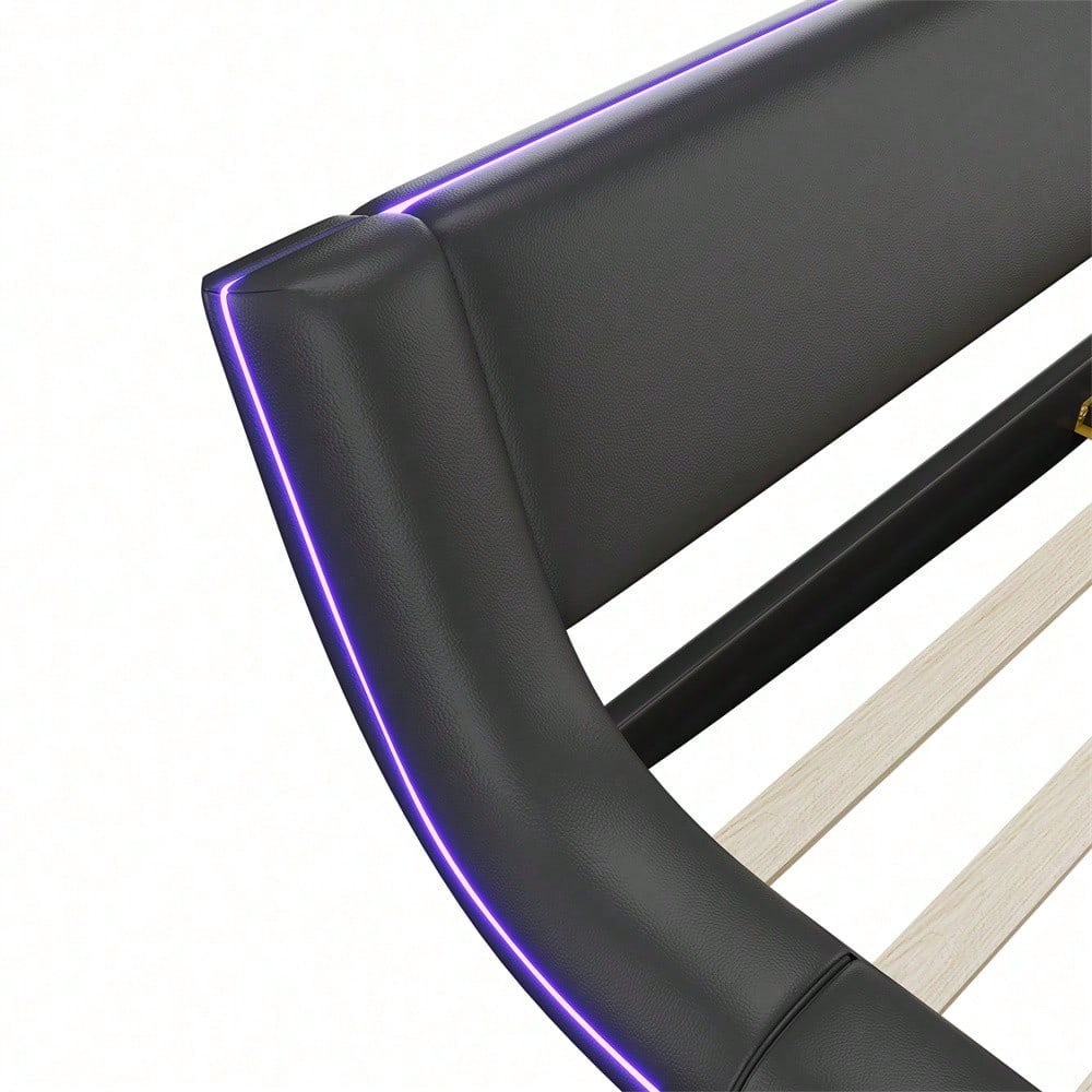 160*200cm Flachbett, Bodenbett, PU, LED-Umgebungslicht, 24-Tasten-Fernbedienung, Schwarz