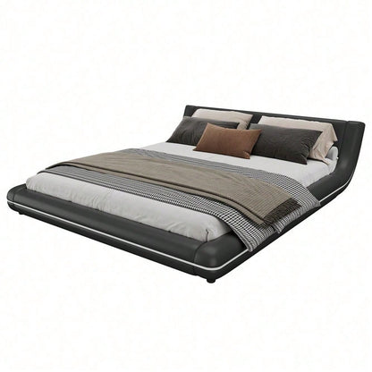 160*200cm Flachbett, Bodenbett, PU, LED-Umgebungslicht, 24-Tasten-Fernbedienung, Schwarz