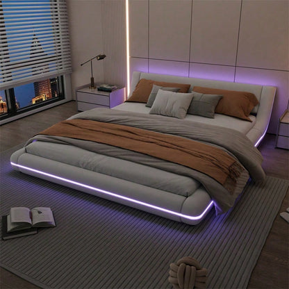 160*200cm Flachbett, Bodenbett, PU, LED-Umgebungslicht, 24-Tasten-Fernbedienung, Schwarz