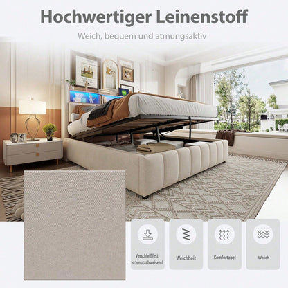 Polsterbett 180*200cm mit LED-Beleuchtung und USB-Steckdose, Kopfteil mit Einlegeböden und Stauraum, Mit Hydraulik für die Lagerung, Erwachsenenbett Doppelt, Leinenstoff (Matratze nicht enthaltet)