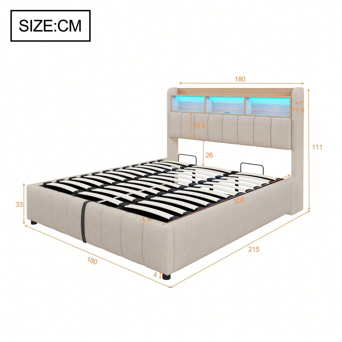 Polsterbett 180*200cm mit LED-Beleuchtung und USB-Steckdose, Kopfteil mit Einlegeböden und Stauraum, Mit Hydraulik für die Lagerung, Erwachsenenbett Doppelt, Leinenstoff (Matratze nicht enthaltet)