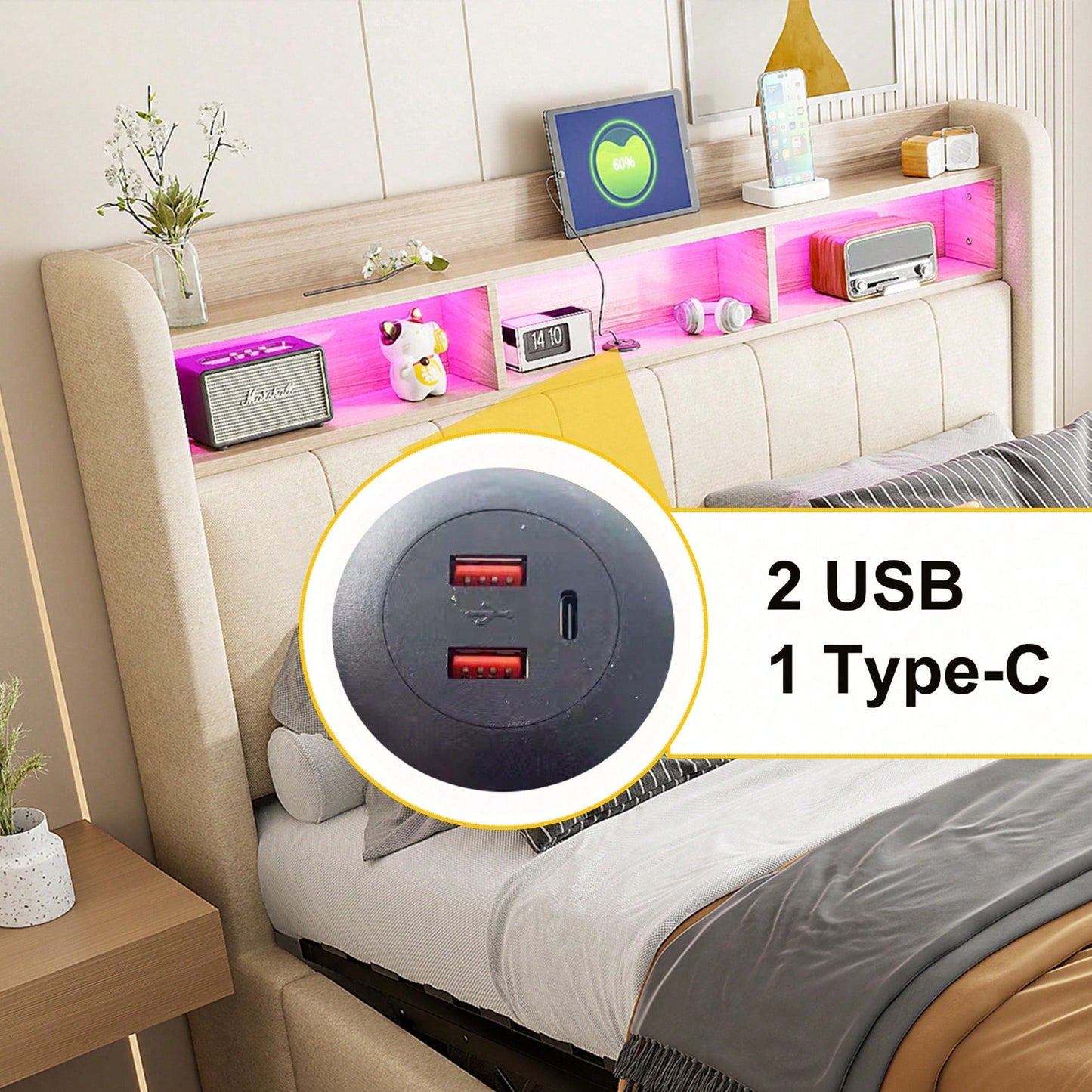 Polsterbett 180*200cm mit LED-Beleuchtung und USB-Steckdose, Kopfteil mit Einlegeböden und Stauraum, Mit Hydraulik für die Lagerung, Erwachsenenbett Doppelt, Leinenstoff (Matratze nicht enthaltet)