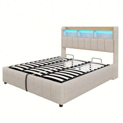 Polsterbett 180*200cm mit LED-Beleuchtung und USB-Steckdose, Kopfteil mit Einlegeböden und Stauraum, Mit Hydraulik für die Lagerung, Erwachsenenbett Doppelt, Leinenstoff (Matratze nicht enthaltet)