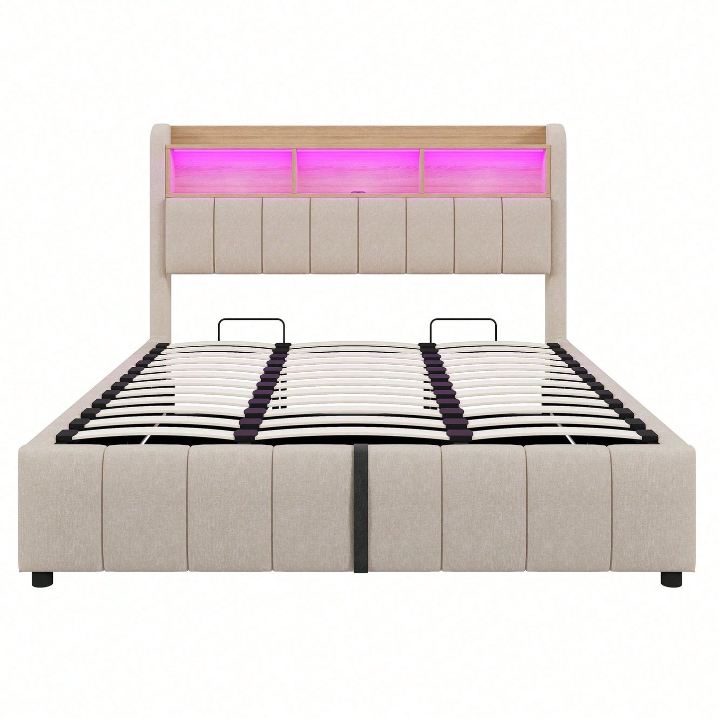 Polsterbett 180*200cm mit LED-Beleuchtung und USB-Steckdose, Kopfteil mit Einlegeböden und Stauraum, Mit Hydraulik für die Lagerung, Erwachsenenbett Doppelt, Leinenstoff (Matratze nicht enthaltet)