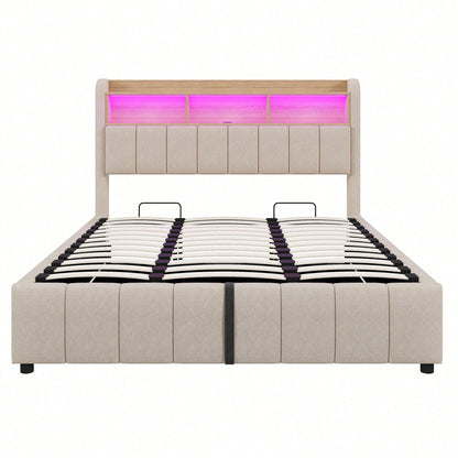 Polsterbett 180*200cm mit LED-Beleuchtung und USB-Steckdose, Kopfteil mit Einlegeböden und Stauraum, Mit Hydraulik für die Lagerung, Erwachsenenbett Doppelt, Leinenstoff (Matratze nicht enthaltet)