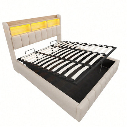 Polsterbett 180*200cm mit LED-Beleuchtung und USB-Steckdose, Kopfteil mit Einlegeböden und Stauraum, Mit Hydraulik für die Lagerung, Erwachsenenbett Doppelt, Leinenstoff (Matratze nicht enthaltet)