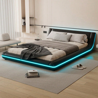 140*200cm Flachbett, Bodenbett, PU, LED-Umgebungslicht, 24-Tasten-Fernbedienung, weiß