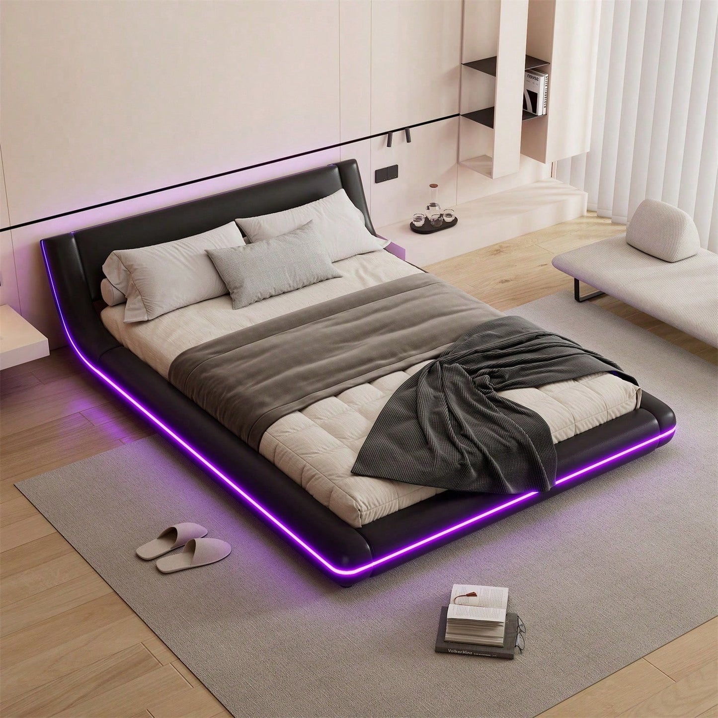 140*200cm Flachbett, Bodenbett, PU, LED-Umgebungslicht, 24-Tasten-Fernbedienung, weiß