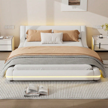 140*200cm Flachbett, Bodenbett, PU, LED-Umgebungslicht, 24-Tasten-Fernbedienung, weiß