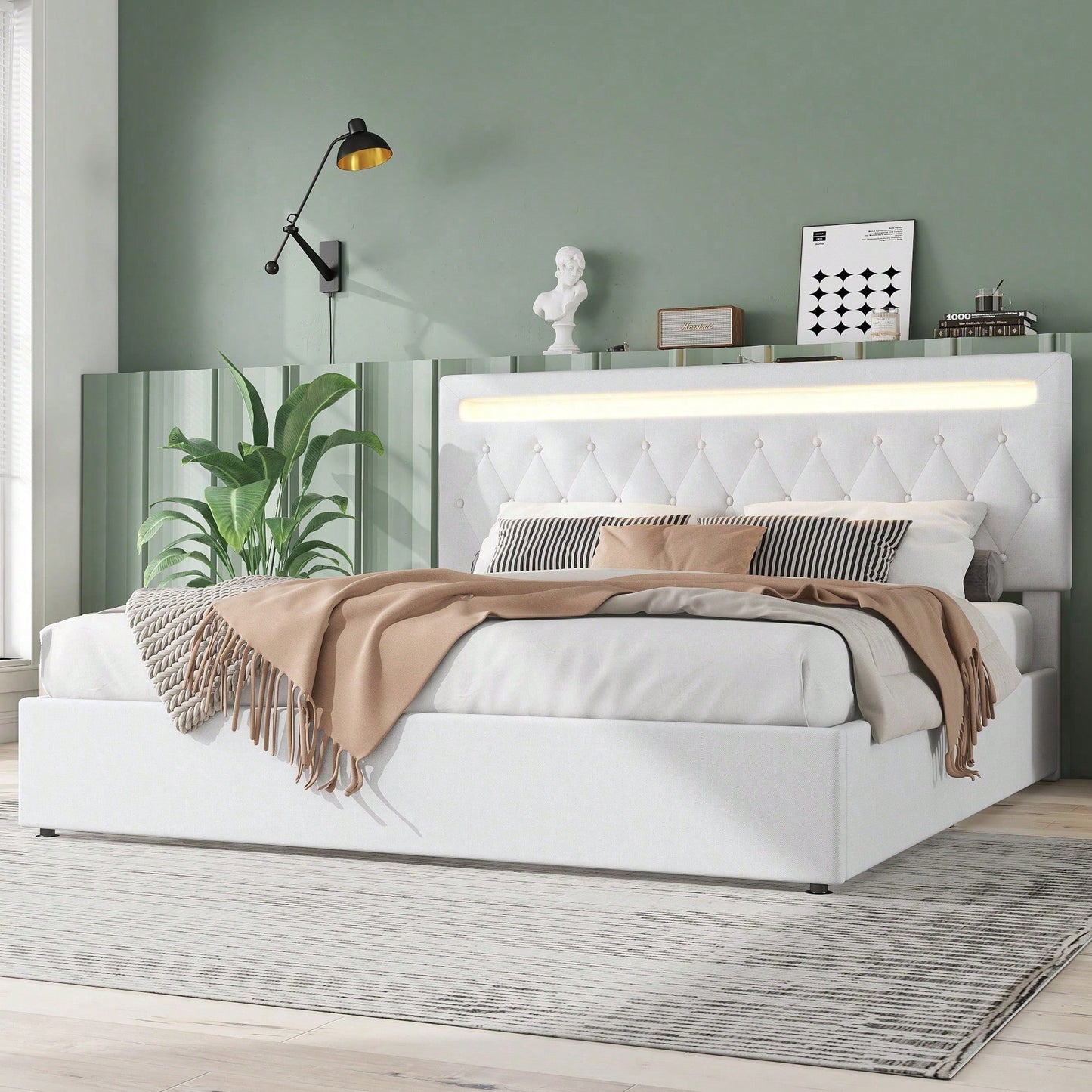 180*200cm Flachbett, gepolstert, hydraulisches Bett mit Hebemechanismus, farbwechselndes Umgebungslicht, Fernbedienung, USB-Anschluss, grau