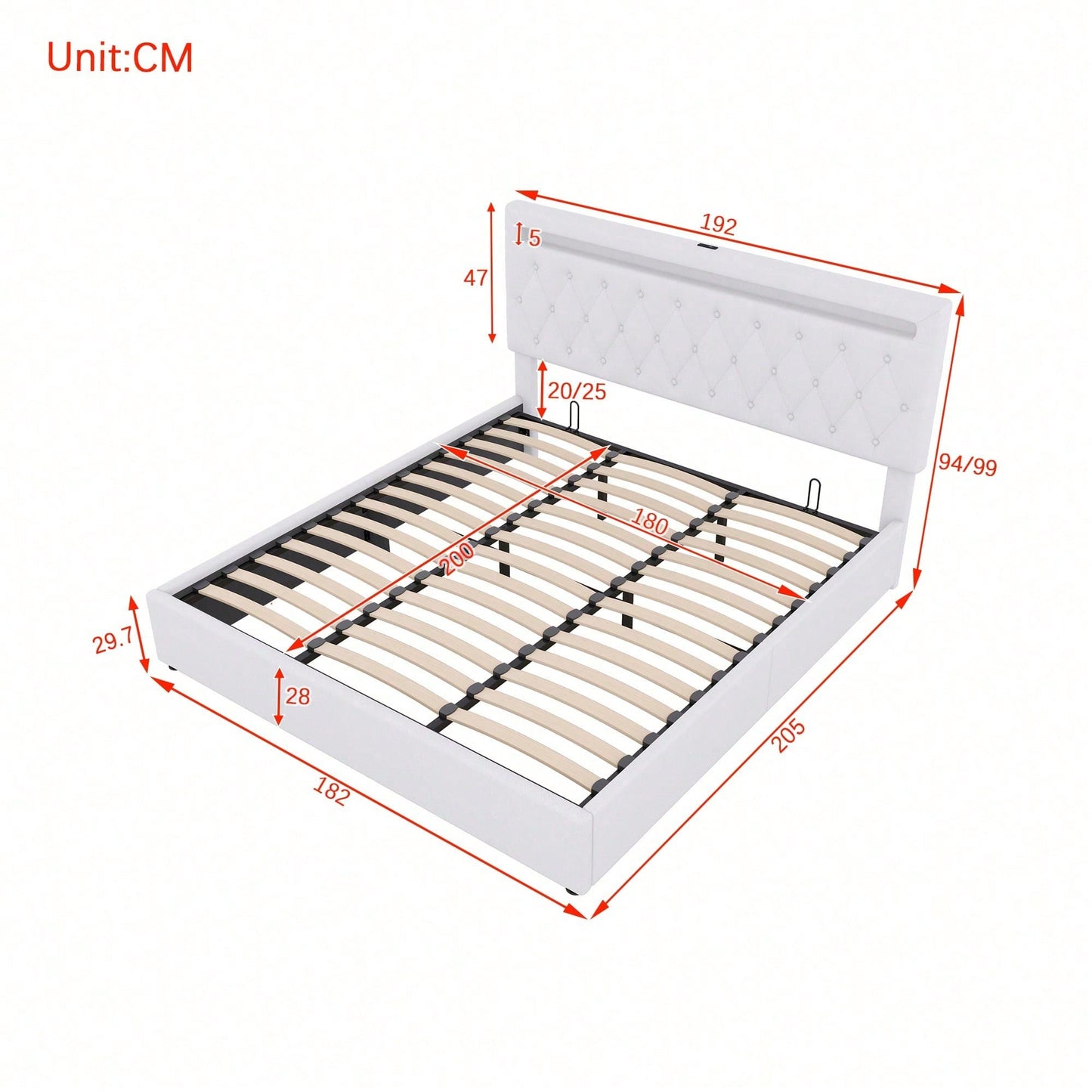 180*200cm Flachbett, gepolstert, hydraulisches Bett mit Hebemechanismus, farbwechselndes Umgebungslicht, Fernbedienung, USB-Anschluss, grau