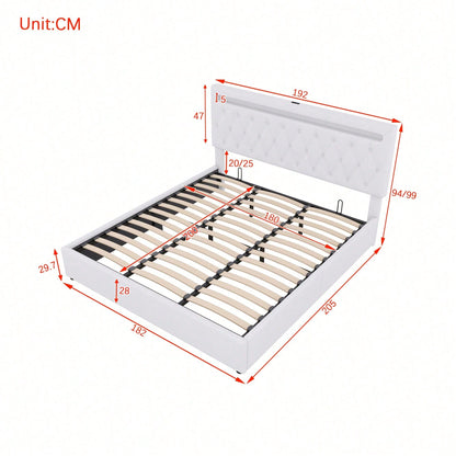 180*200cm Flachbett, gepolstert, hydraulisches Bett mit Hebemechanismus, farbwechselndes Umgebungslicht, Fernbedienung, USB-Anschluss, grau