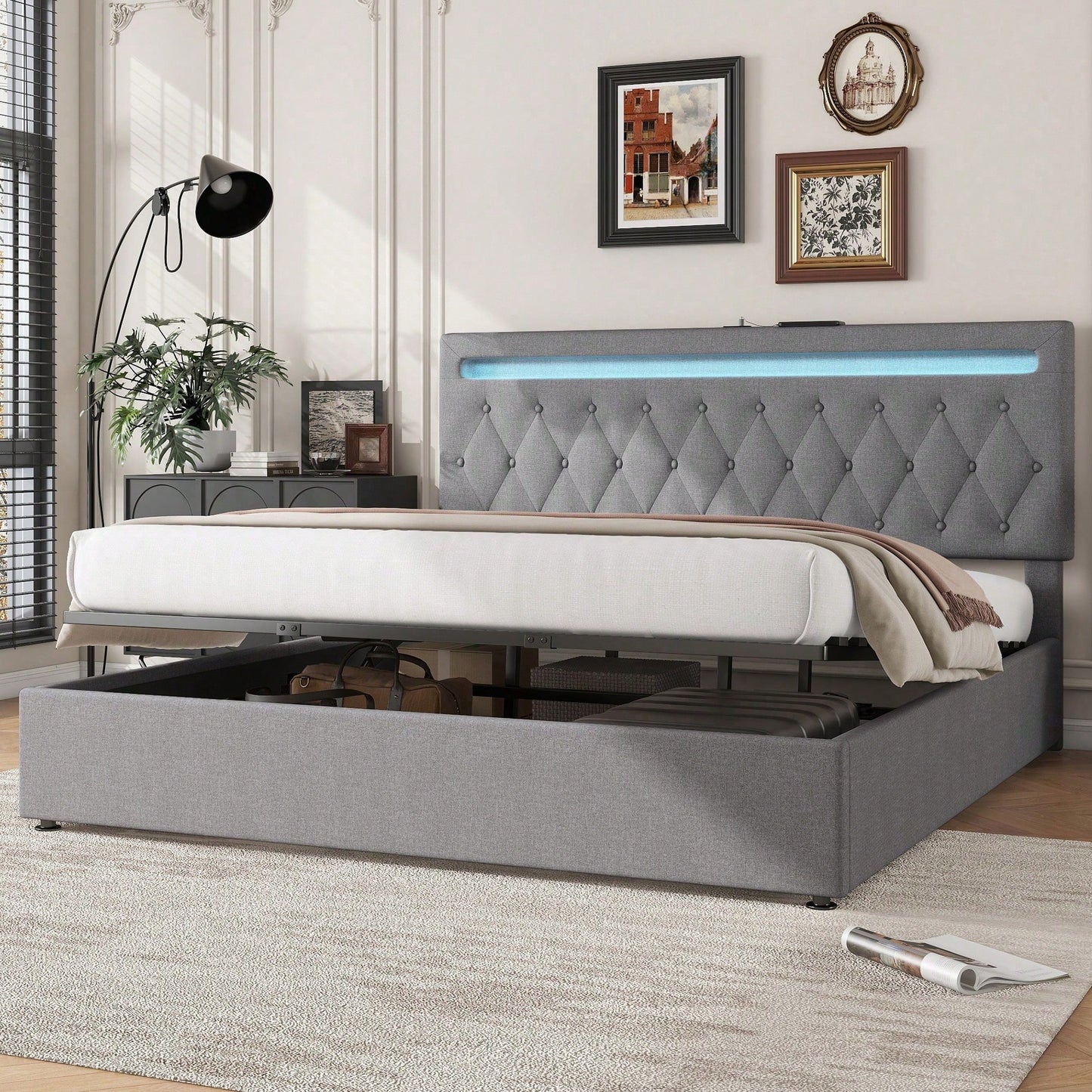 180*200cm Flachbett, gepolstert, hydraulisches Bett mit Hebemechanismus, farbwechselndes Umgebungslicht, Fernbedienung, USB-Anschluss, grau
