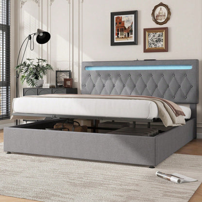 180*200cm Flachbett, gepolstert, hydraulisches Bett mit Hebemechanismus, farbwechselndes Umgebungslicht, Fernbedienung, USB-Anschluss, grau