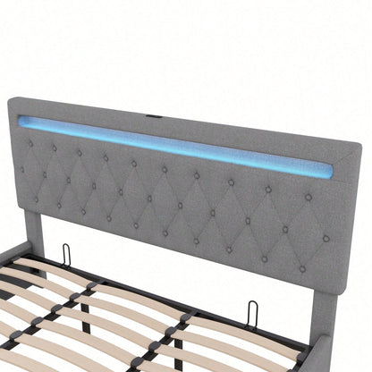 180*200cm Flachbett, gepolstert, hydraulisches Bett mit Hebemechanismus, farbwechselndes Umgebungslicht, Fernbedienung, USB-Anschluss, grau