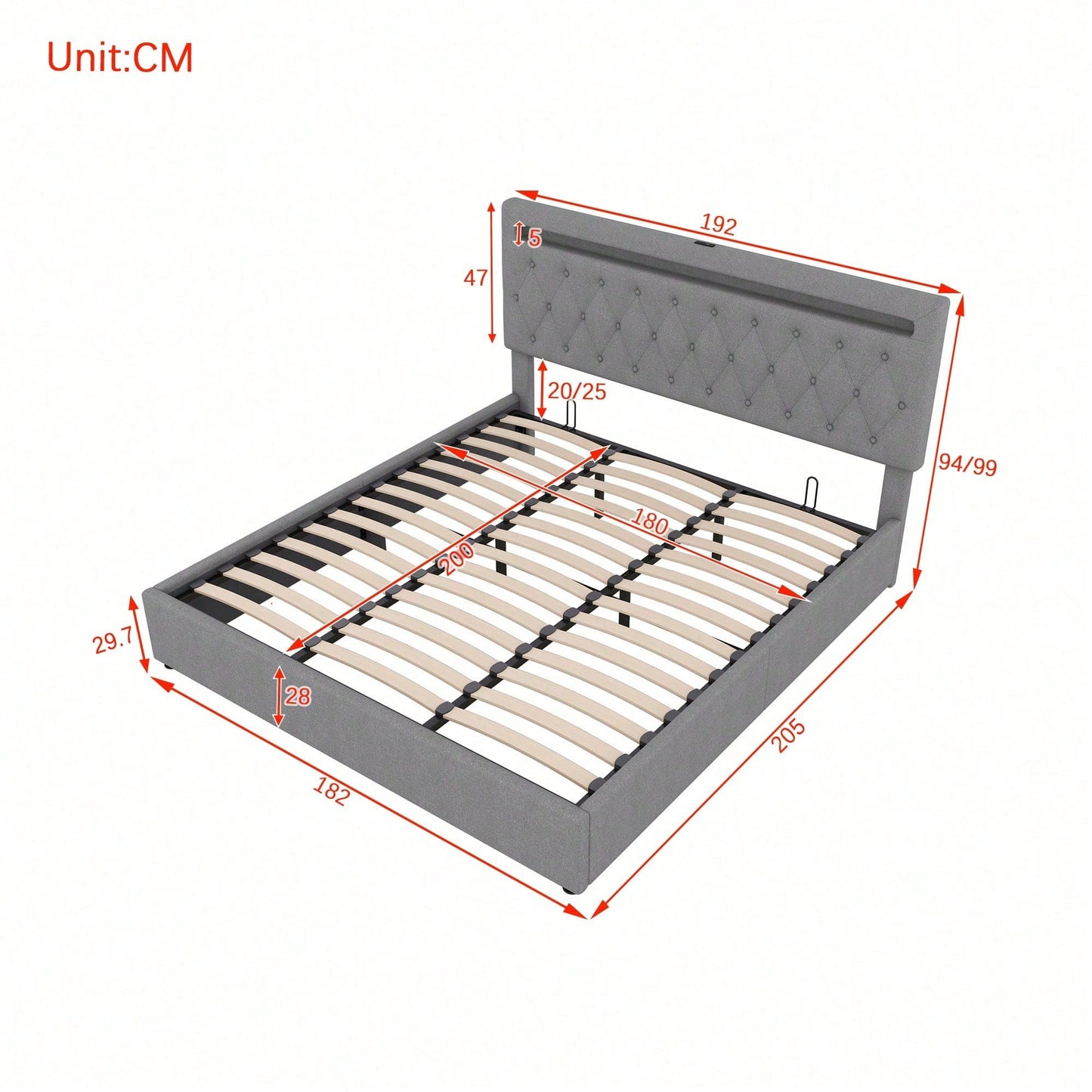 180*200cm Flachbett, gepolstert, hydraulisches Bett mit Hebemechanismus, farbwechselndes Umgebungslicht, Fernbedienung, USB-Anschluss, grau