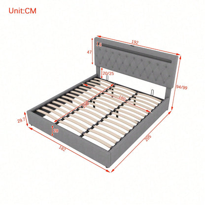 180*200cm Flachbett, gepolstert, hydraulisches Bett mit Hebemechanismus, farbwechselndes Umgebungslicht, Fernbedienung, USB-Anschluss, grau